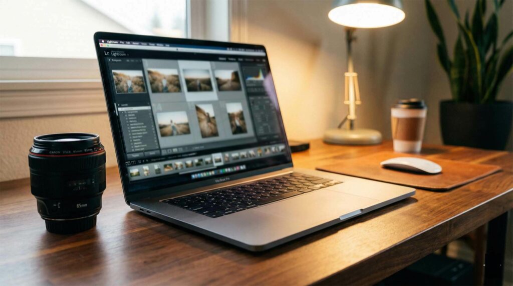 筆記型電腦與專業相機鏡頭並排展示 / Laptop next to professional camera lens